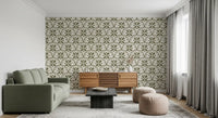 Painterly Tuscany Scallop Olive wallpaper recalls a glazed Mediterranean tile finish.