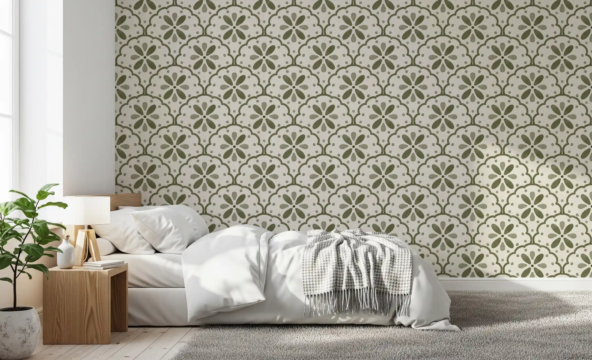 Sage daisy motifs in Tuscany Scallop Olive wallpaper give a quiet bedroom slow charm.