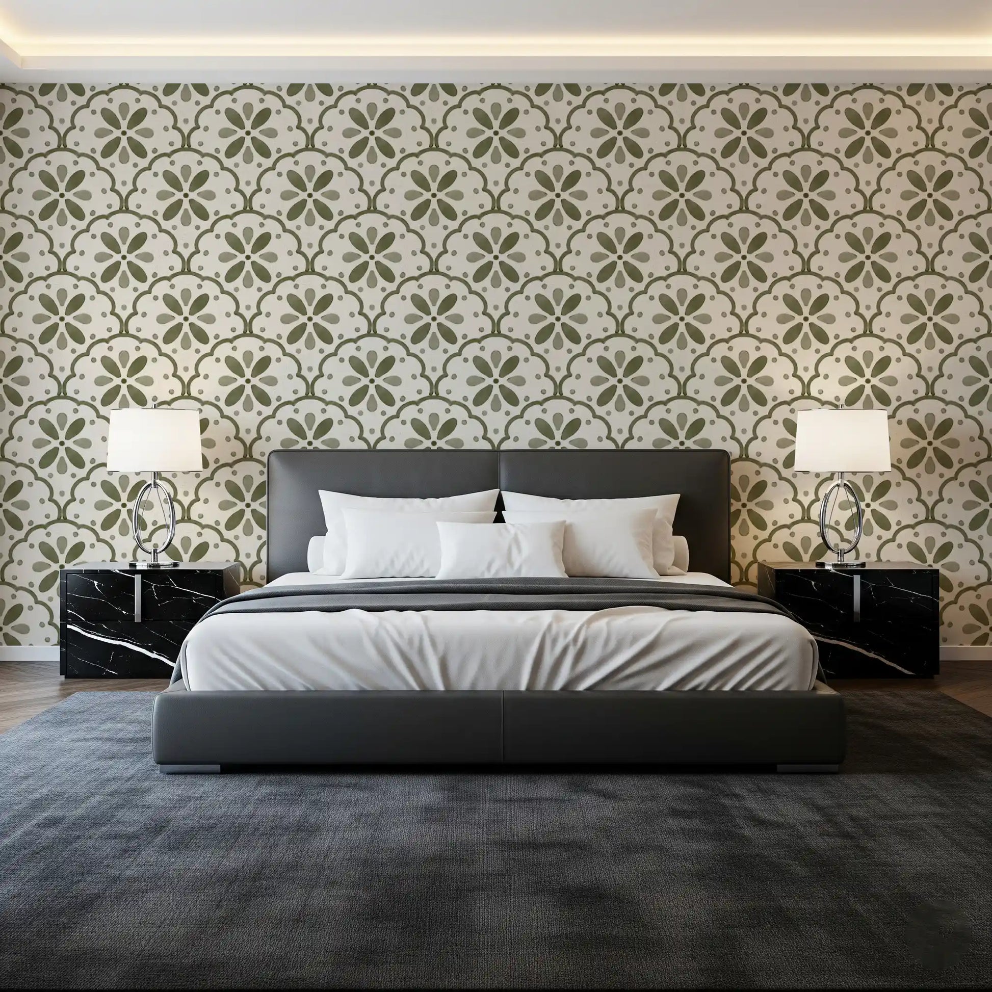 Minimalist bedroom feels Mediterranean and easy with Tuscany Scallop Olive wallpaper.