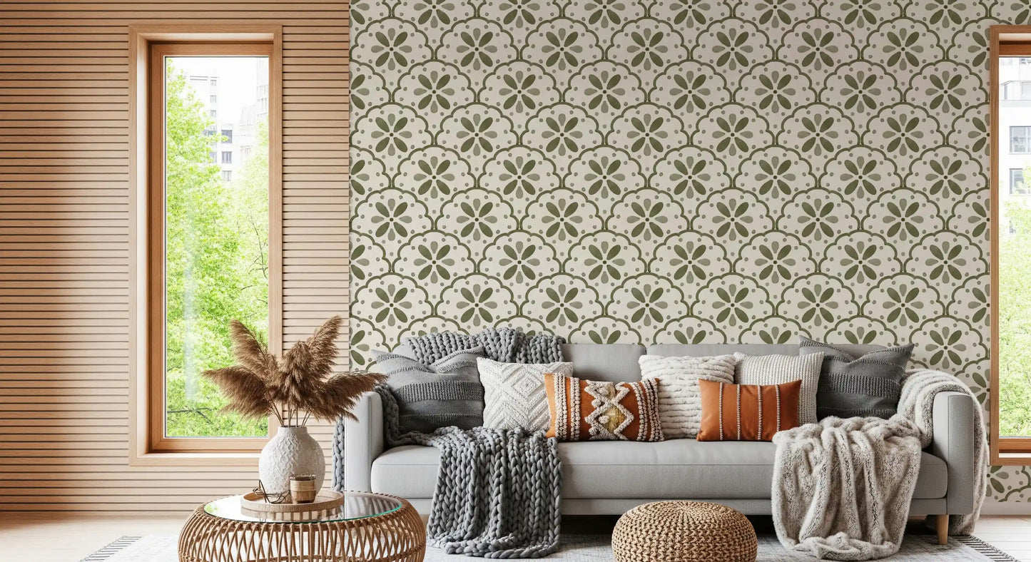 Olive scallop wallpaper anchors a modern living room in earthy Mediterranean character.