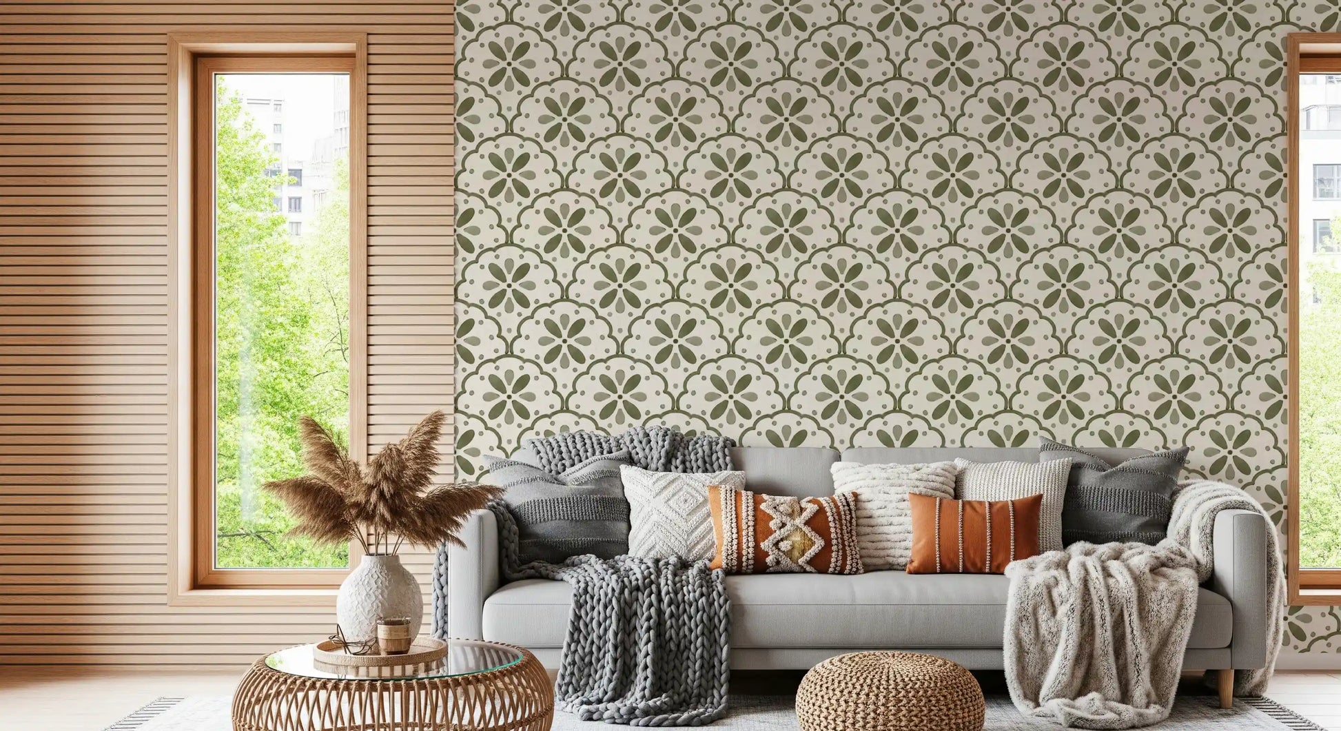 Olive scallop wallpaper anchors a modern living room in earthy Mediterranean character.