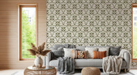 Olive scallop wallpaper anchors a modern living room in earthy Mediterranean character.