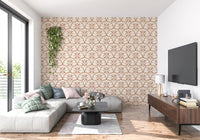 Painted scallops curve gently around blooms in this Tuscany terracotta wallpaper repeat.