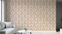 Painterly terracotta scallops anchor a living room with this Tuscany wallpaper repeat.