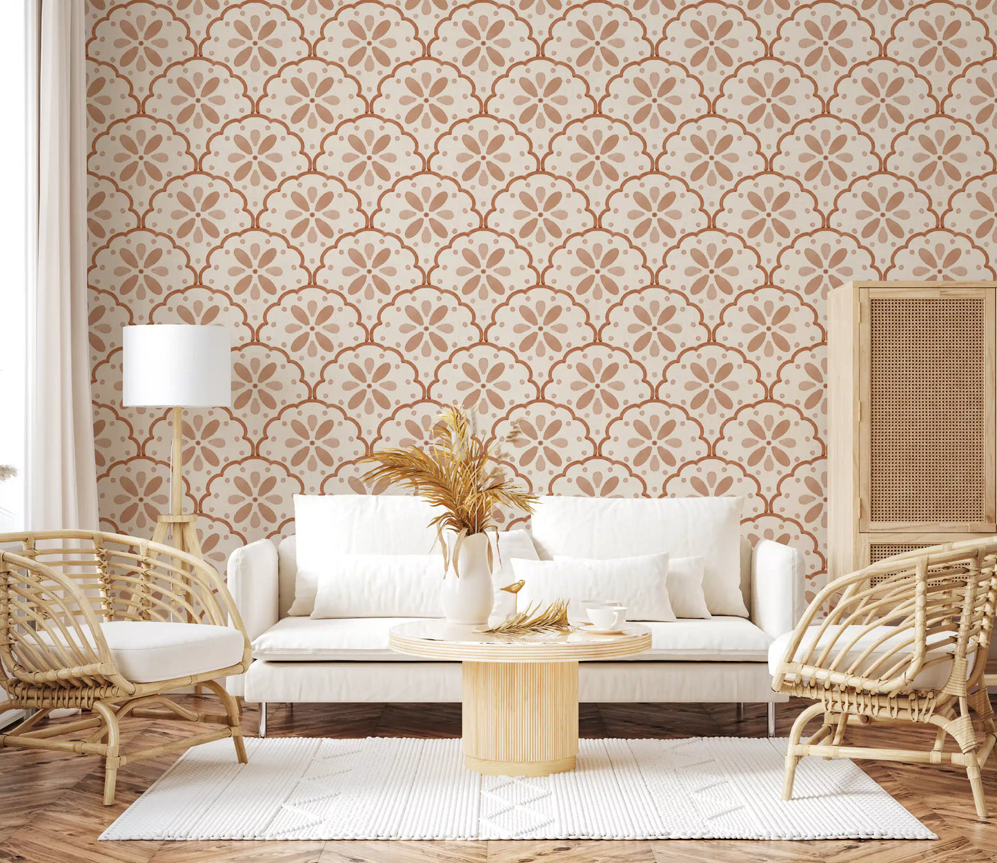 Repeating fans frame a lounge with terracotta outlines and cream scallop wallpaper.