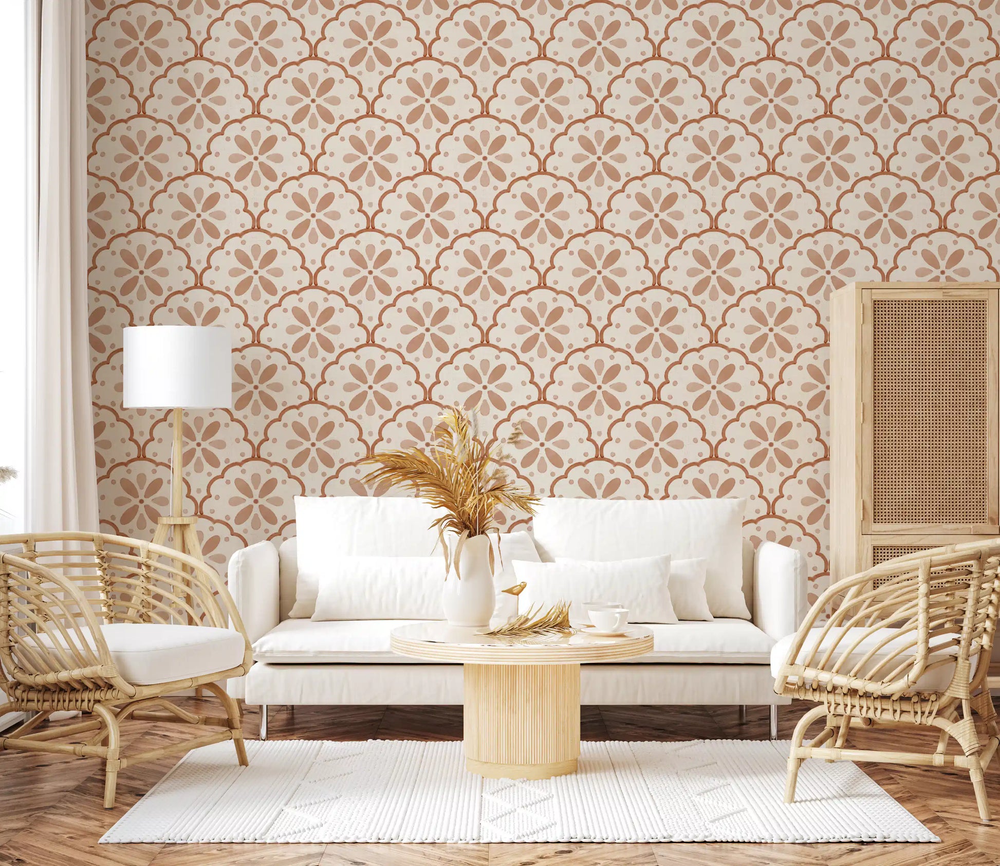 Repeating fans frame a lounge with terracotta outlines and cream scallop wallpaper.
