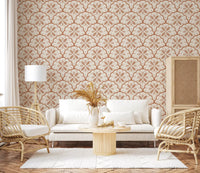 Repeating fans frame a lounge with terracotta outlines and cream scallop wallpaper.