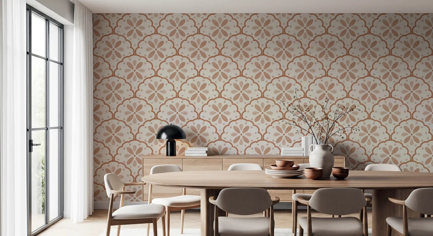 Cream and terracotta tones repeat in painterly motion through Tuscany scallop wallpaper.