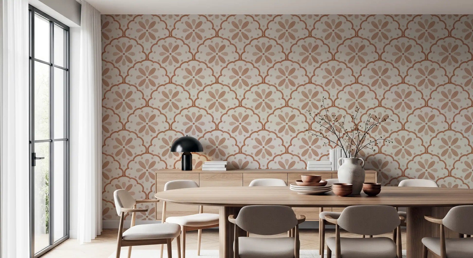 Cream and terracotta tones repeat in painterly motion through Tuscany scallop wallpaper.