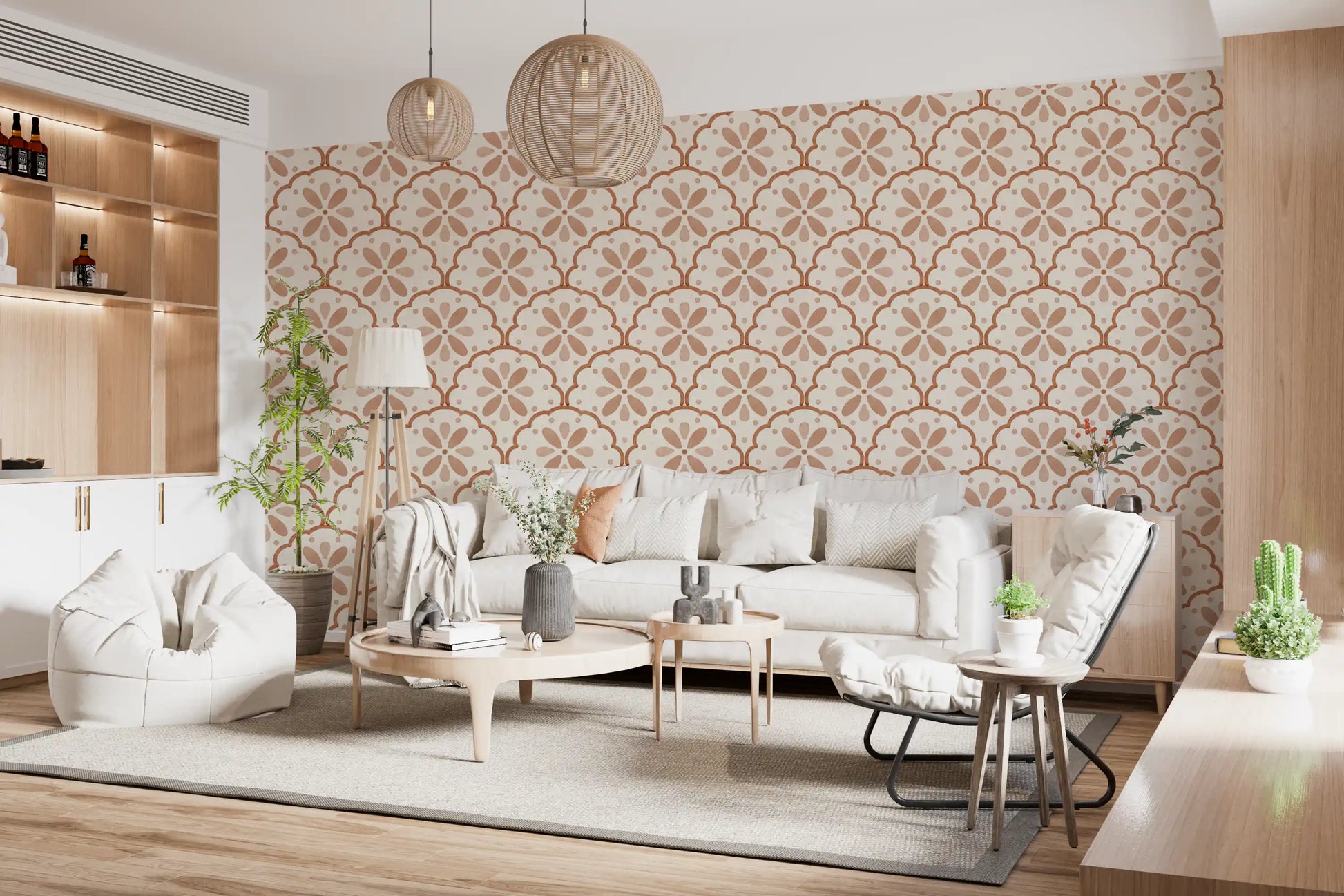 Peach blooms and rust outlines lend a living room Tuscany scallop wallpaper mood.