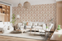 Peach blooms and rust outlines lend a living room Tuscany scallop wallpaper mood.
