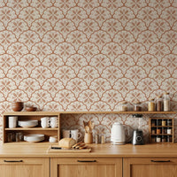 Tuscany Scallop Terracotta wallpaper warms a kitchen-dining setup with painterly fans.