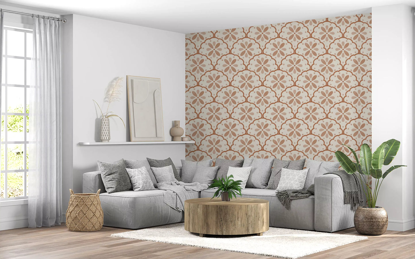 Six-petal flowers sit at every scallop center across Scallop Terracotta wallpaper panels.