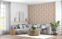 Six-petal flowers sit at every scallop center across Scallop Terracotta wallpaper panels.