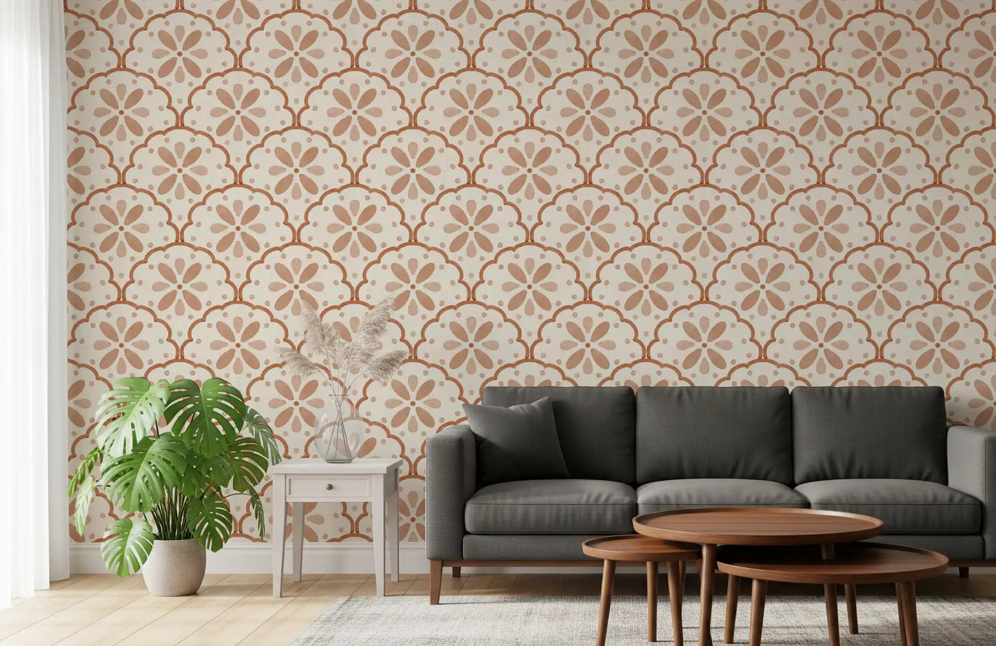 Earth-toned scallop motifs fill a lounge with calm rustic appeal in Tuscany wallpaper.