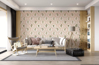 Diamond lattice of olive branches and tiny fruit forms the Tuscany tile wallpaper repeat