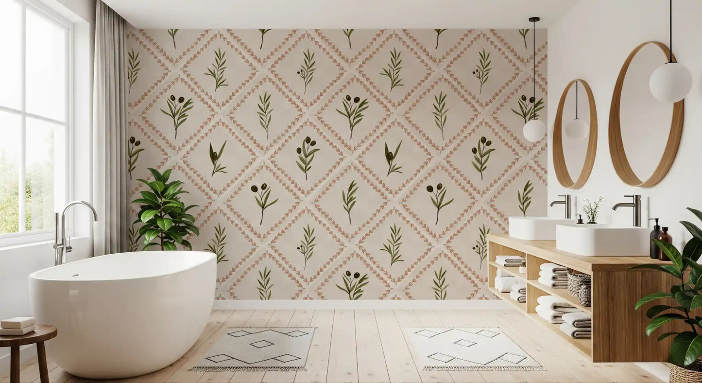Calm Mediterranean tones reach the bathroom through this Tuscany olive wallpaper pattern