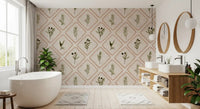 Calm Mediterranean tones reach the bathroom through this Tuscany olive wallpaper pattern