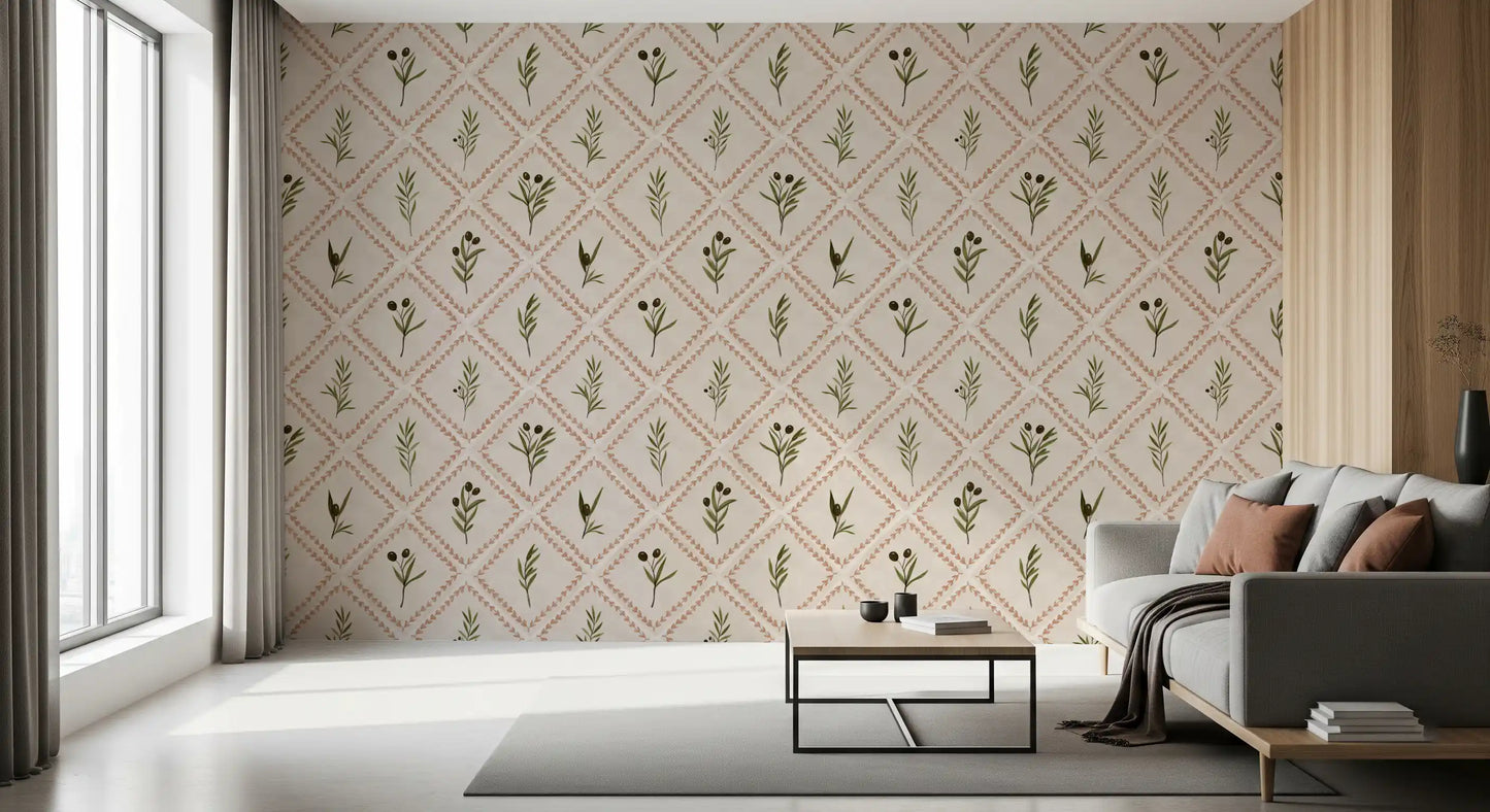 Tuscan olive tile wallpaper layers the Living room in cream and terracotta tones