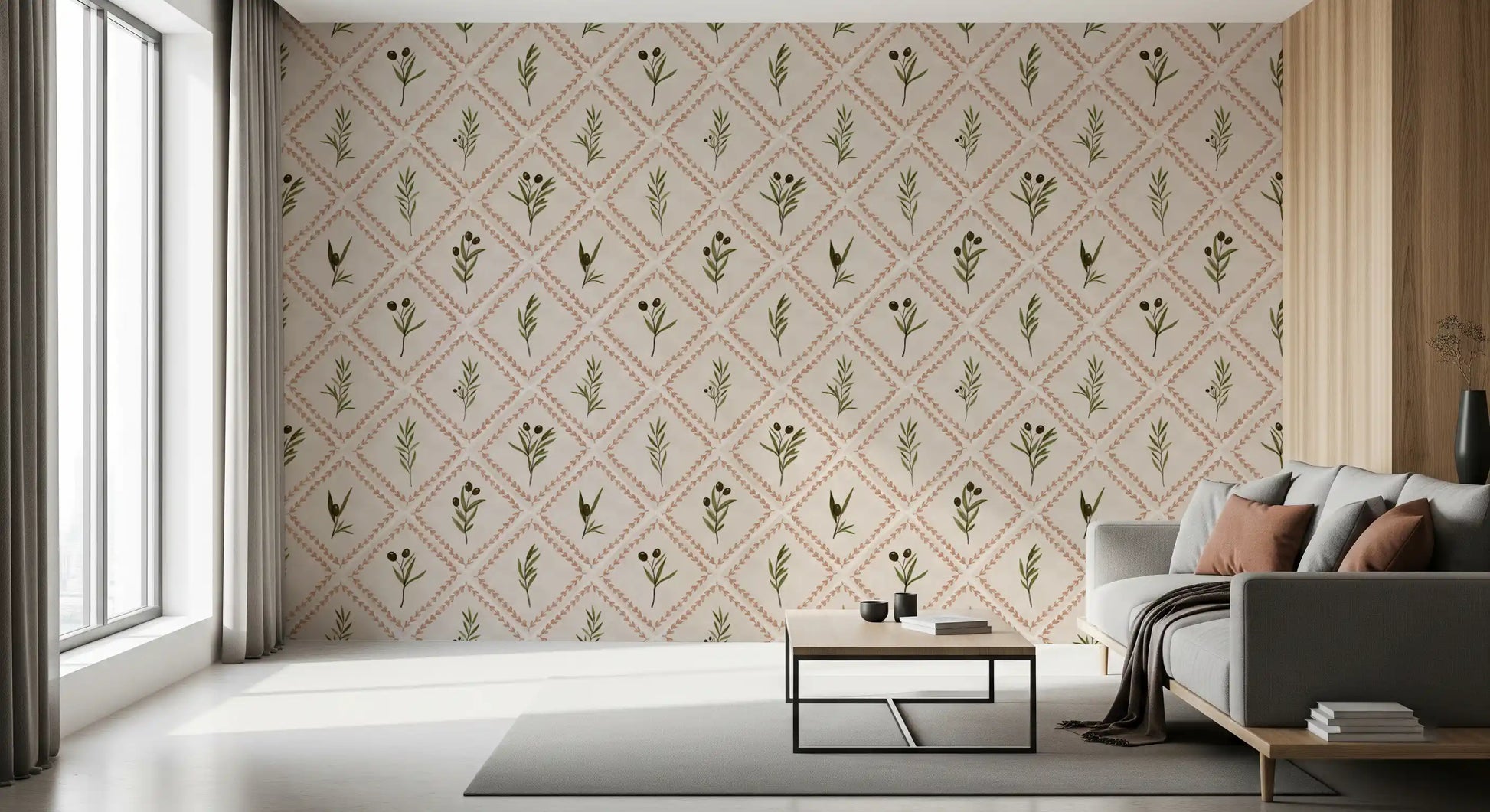 Tuscan olive tile wallpaper layers the Living room in cream and terracotta tones