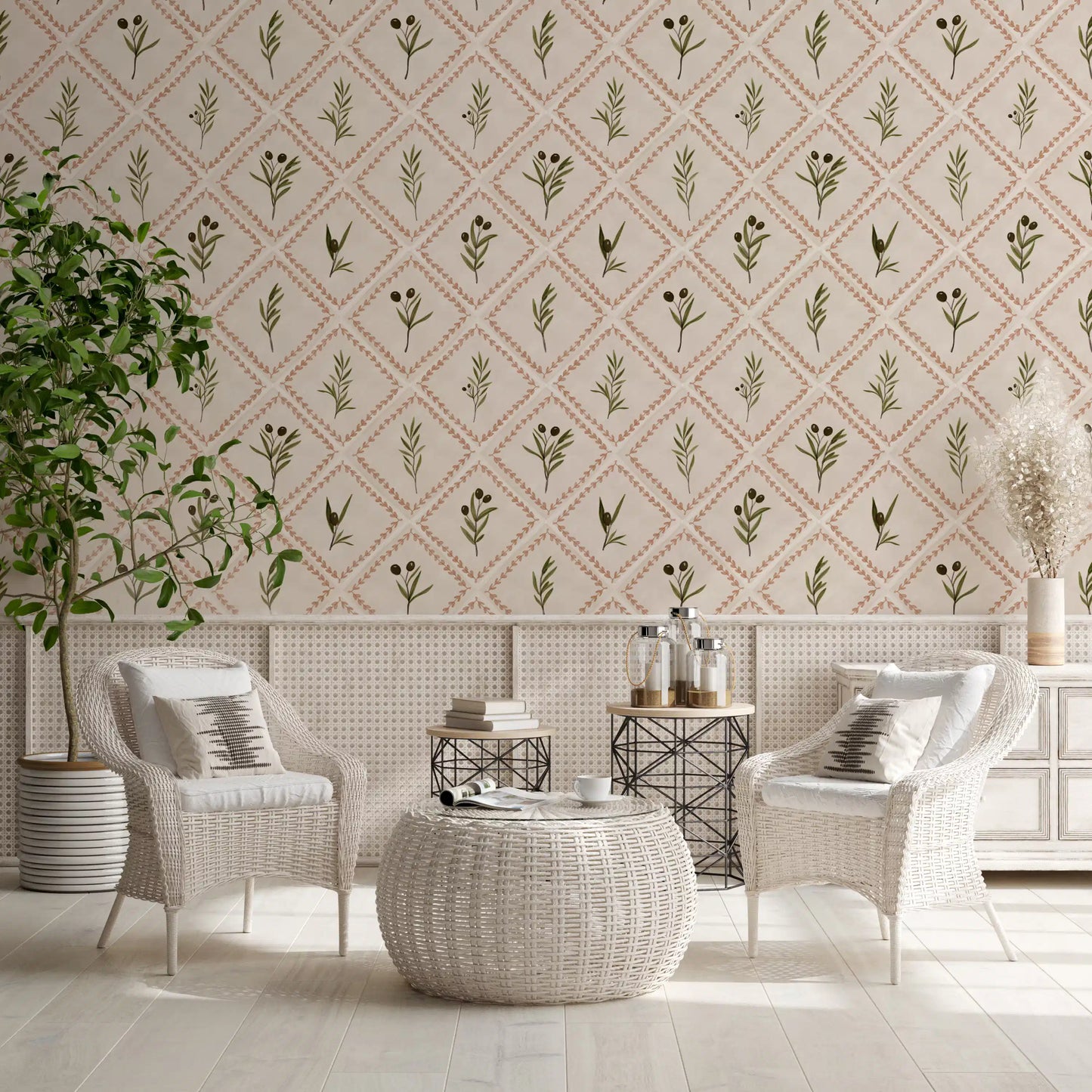 Each terracotta-edged diamond holds one painted olive sprig in this tile wallpaper pattern