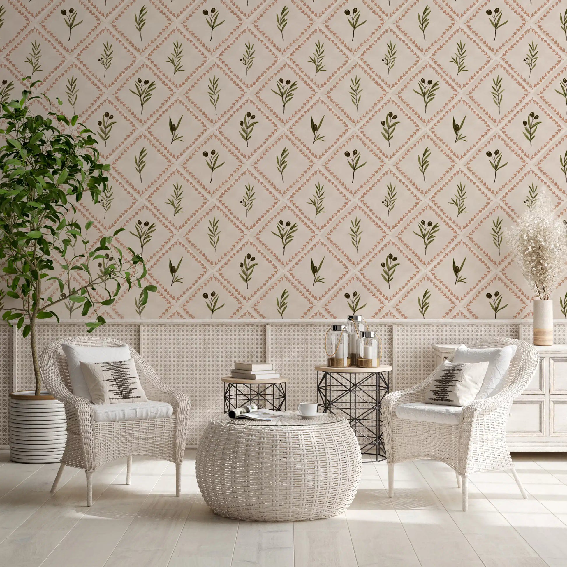 Each terracotta-edged diamond holds one painted olive sprig in this tile wallpaper pattern