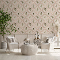 Each terracotta-edged diamond holds one painted olive sprig in this tile wallpaper pattern