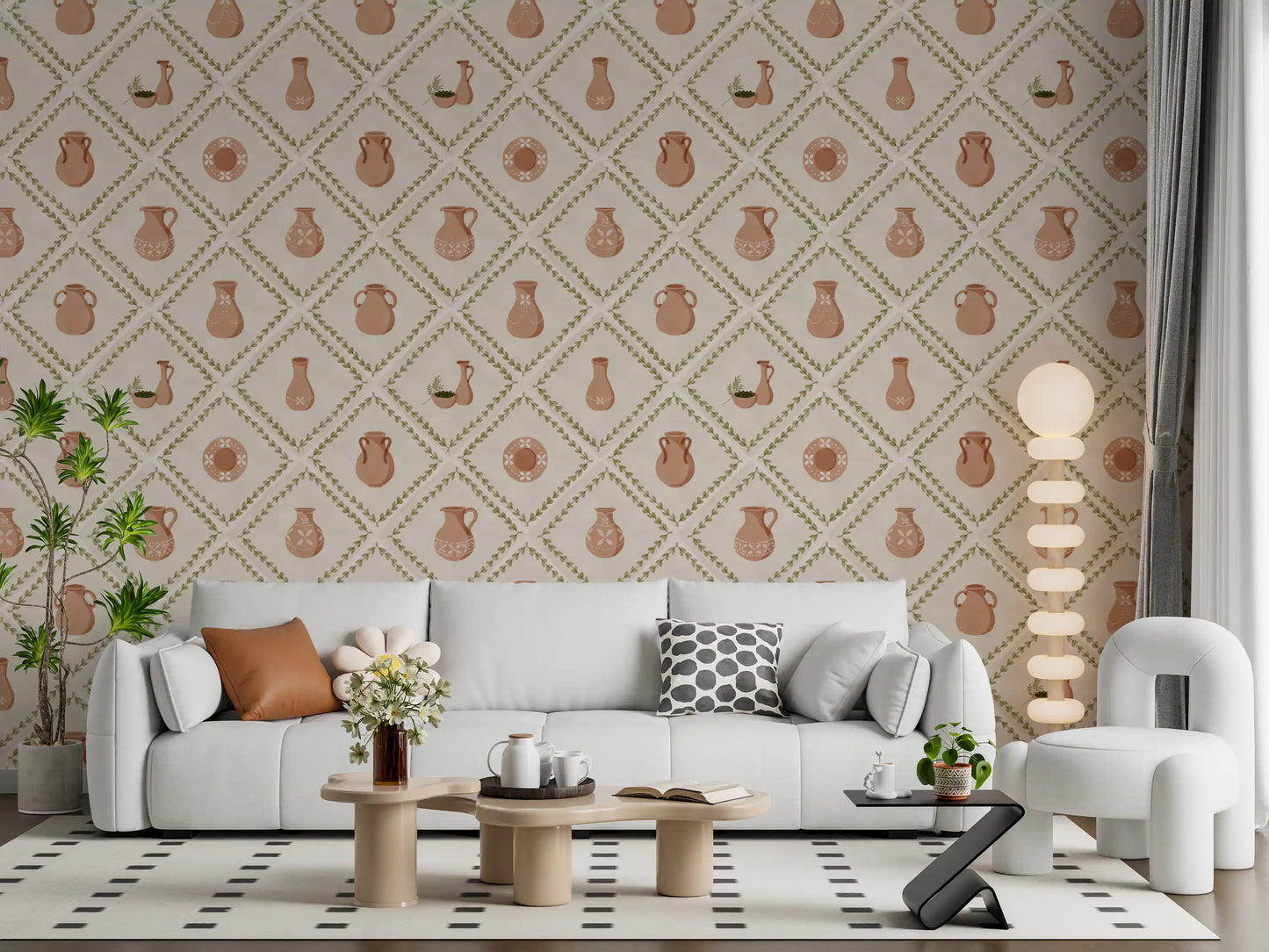 Mediterranean style fills this hallway with painterly Tuscan pottery tile wallpaper.