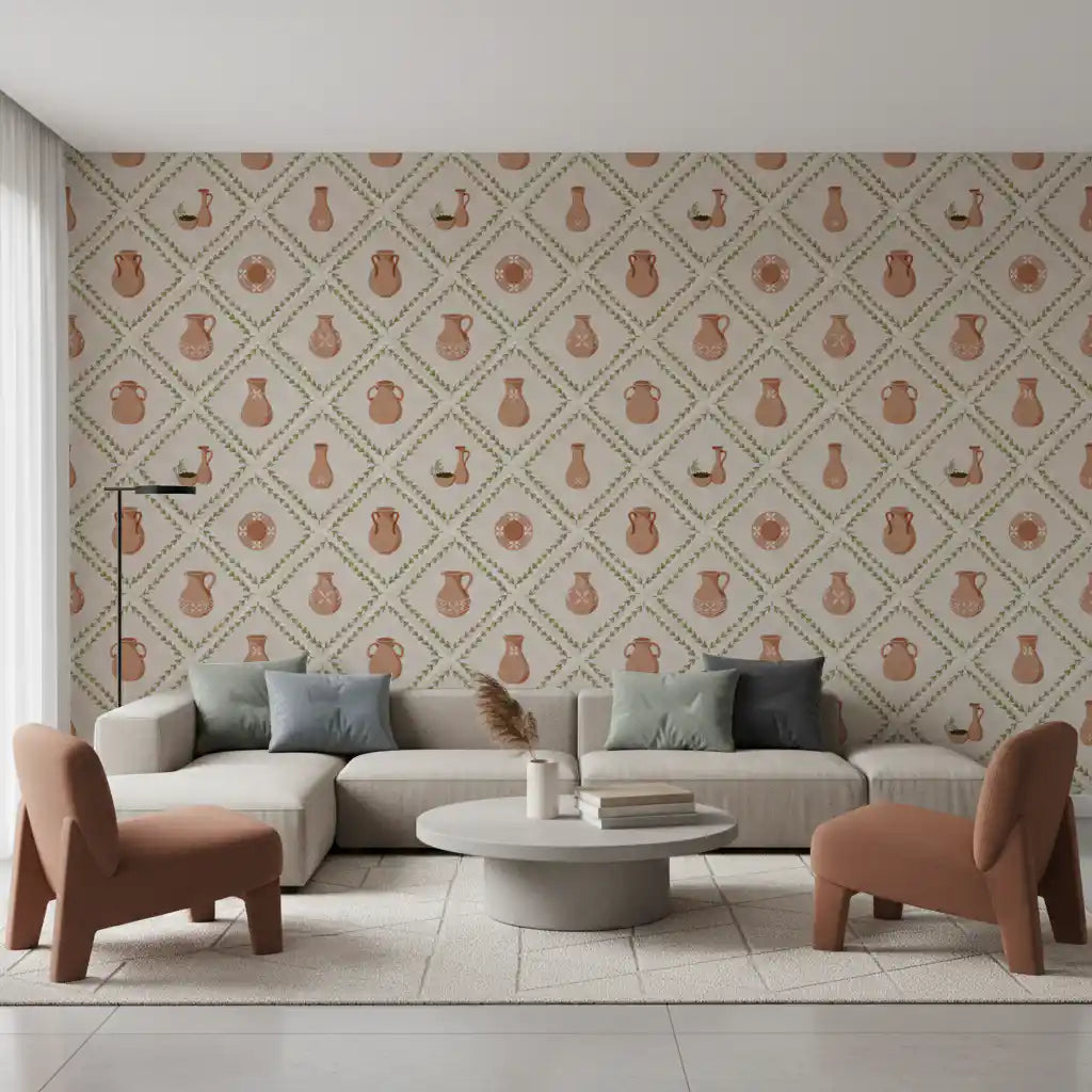 Warm terracotta tones run through this lounge with Tuscan pottery tile wallpaper.
