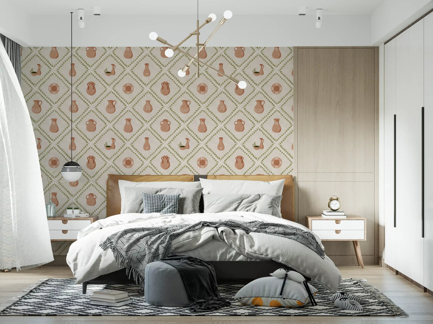 Tile-style pottery wallpaper adds Mediterranean charm to a Bedroom  setting.