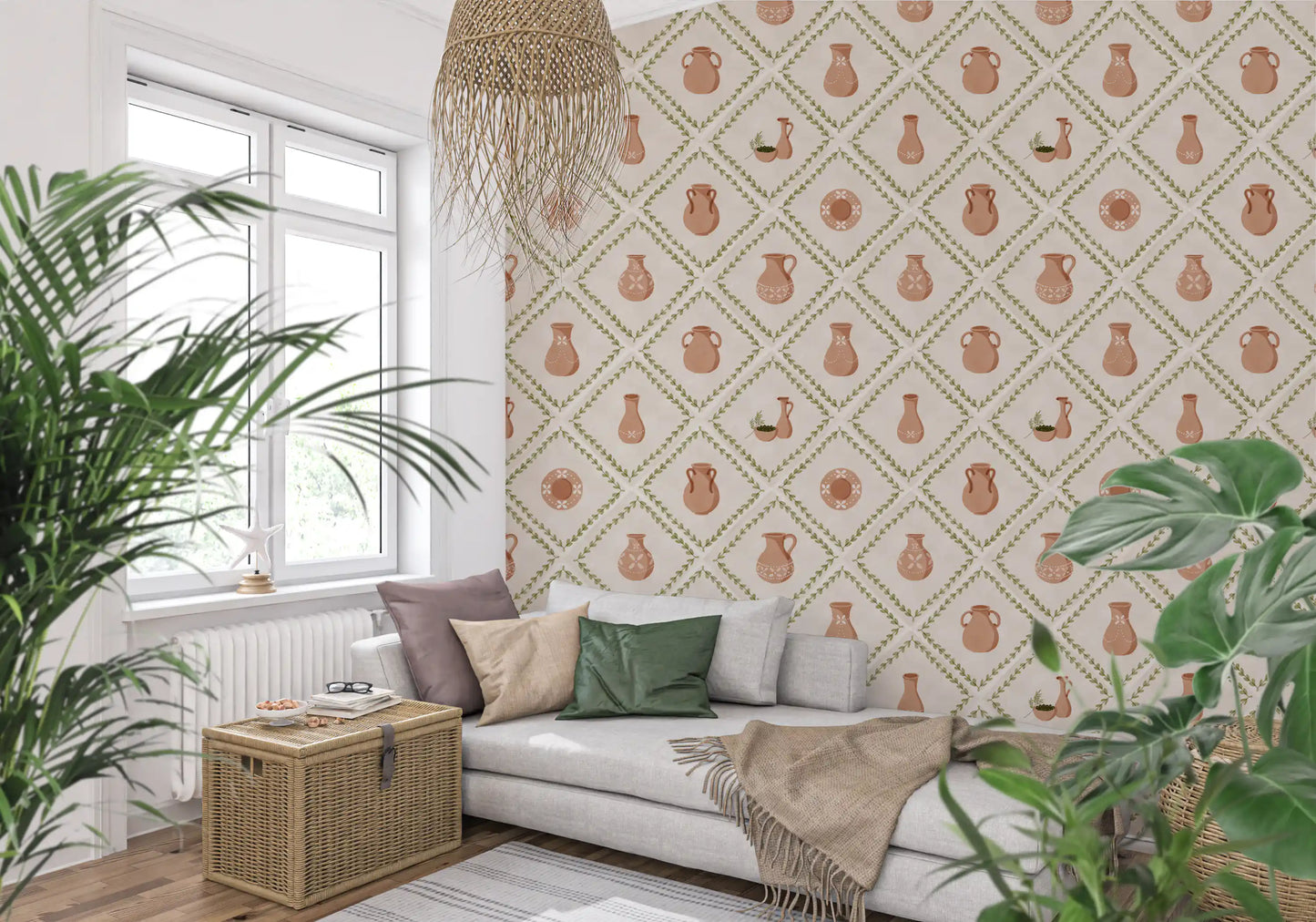 Rustic pottery pattern gives this Living room Tuscan tile wallpaper backdrop.