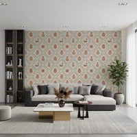 Tuscan pottery tiles wallpaper shows terracotta jugs framed by olive vines.