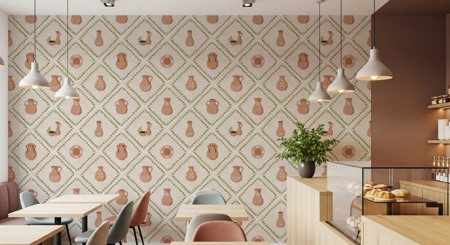 Painterly white dots mark each pot in this Tuscan pottery tile wallpaper.
