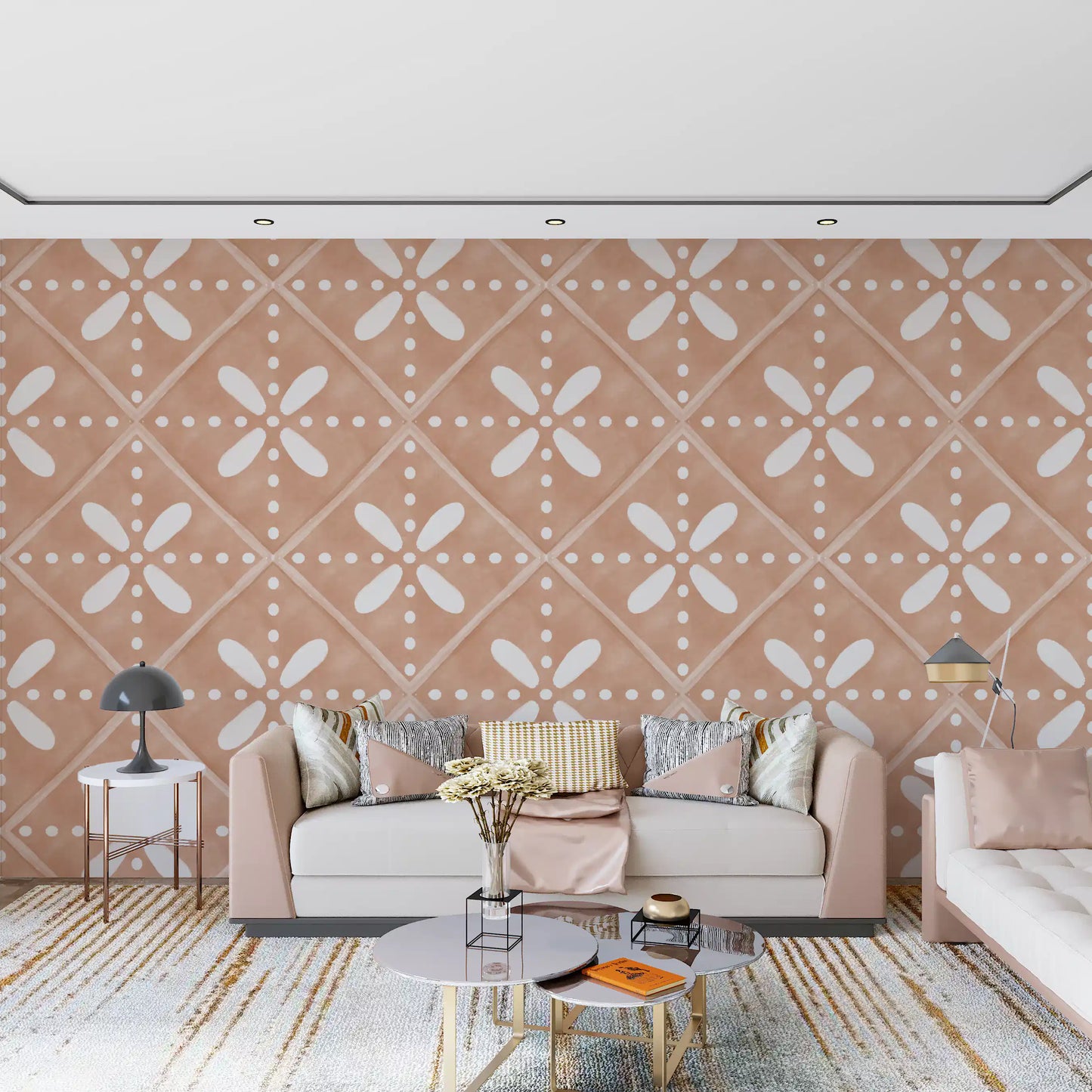 Dotted crosses and petal motifs pattern the Tuscany Bloom Cotto Tile wallpaper repeat.