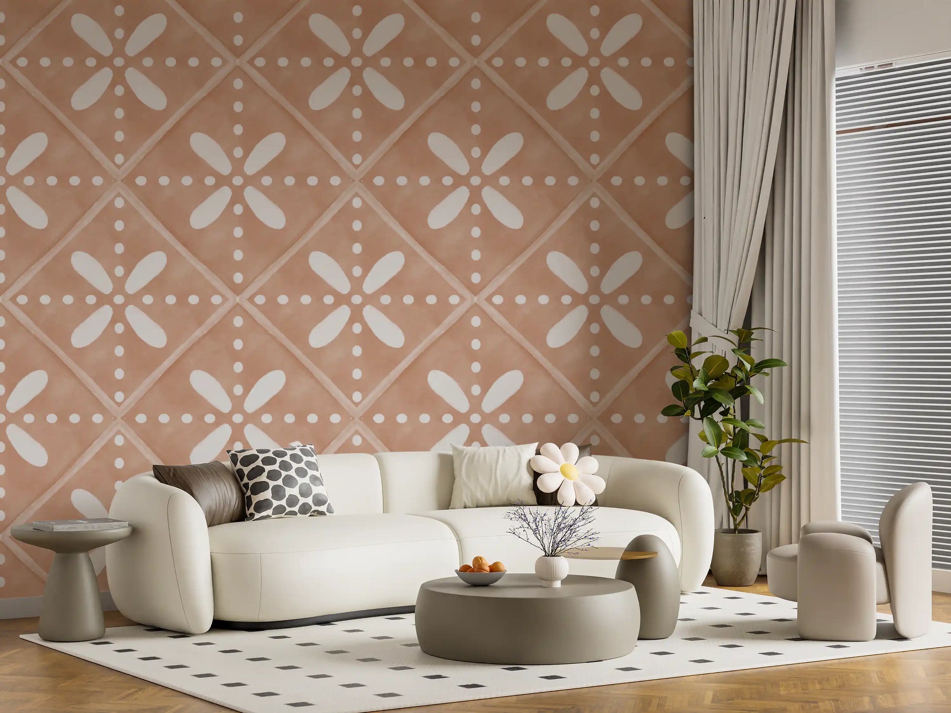 Crisp white diamond outlines hold four-petal flowers in Tuscany Bloom Tile wallpaper.