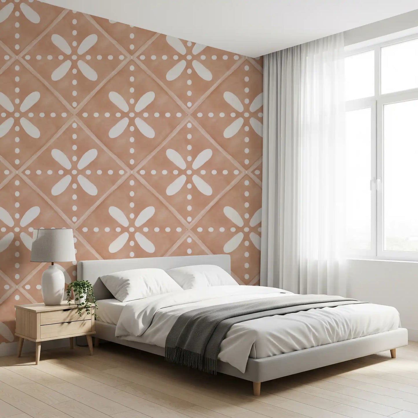 Diamond tile detailing meets the bedroom in this Tuscany Bloom Cotto wallpaper.
