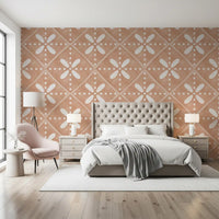 Painted petals sit inside diamond frames on this Tuscany Bloom Cotto Tile wallpaper.