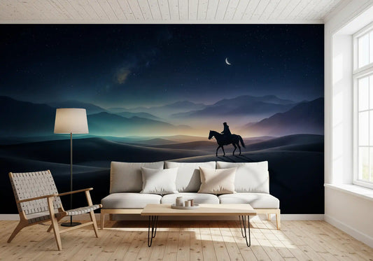 Lone horseman silhouette adds drama to an open living room via Silent Sands wall mural.