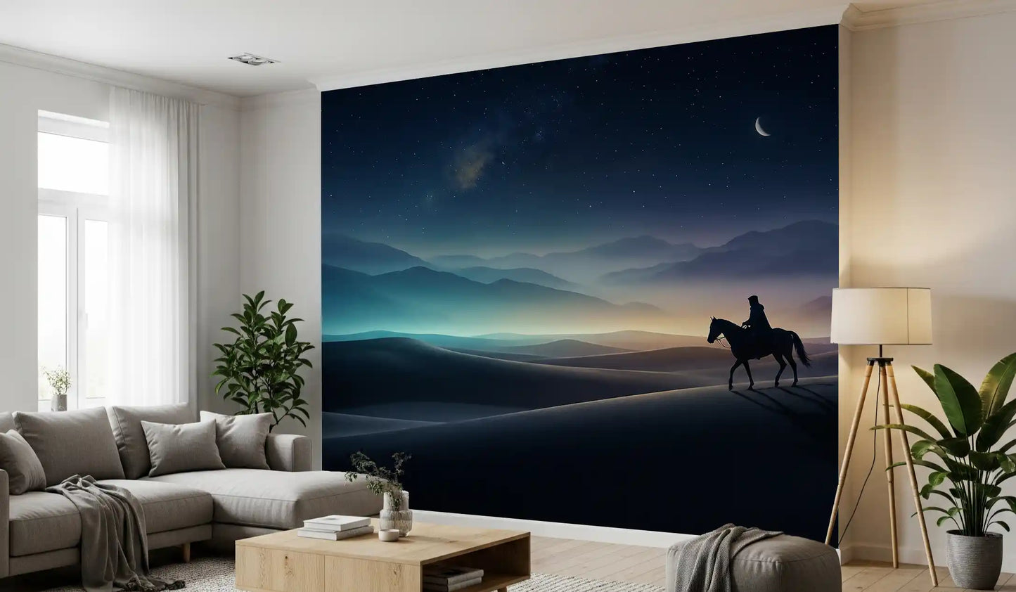 Cosmic Light wall mural opens a quiet lounge into endless dunes and a moonlit horizon.