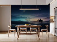 Silent Sands wall mural shows a lone horseman crossing dunes under a crescent moon.
