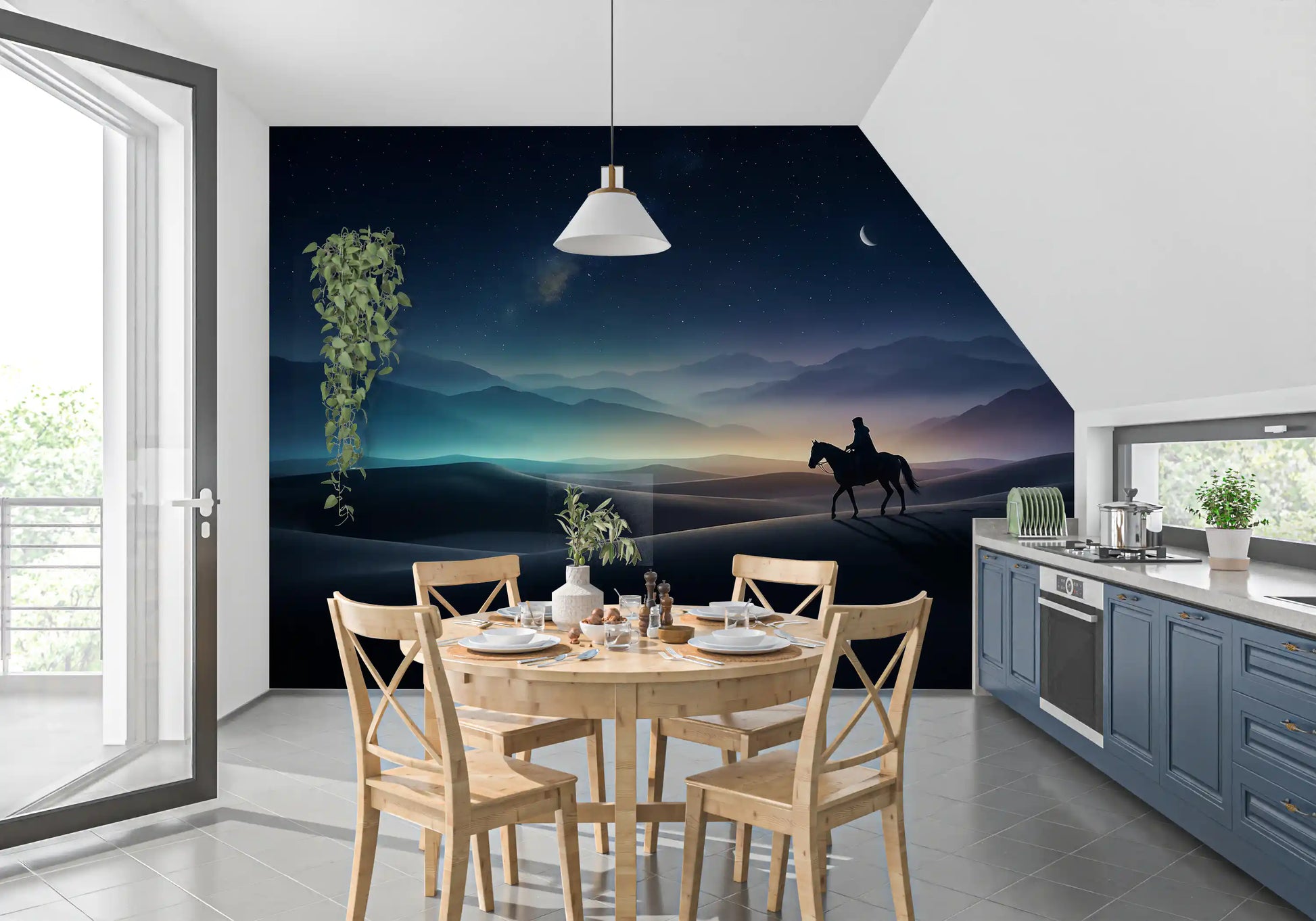 Crescent moon and starry desert sky bathe a dining room in Silent Sands wall mural mood.