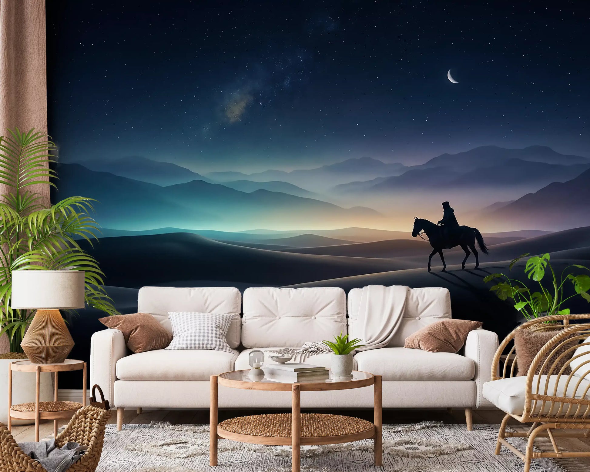 Deep teal horizon glow gives a warm hallway slow cinematic depth, Silent Sands wall mural.