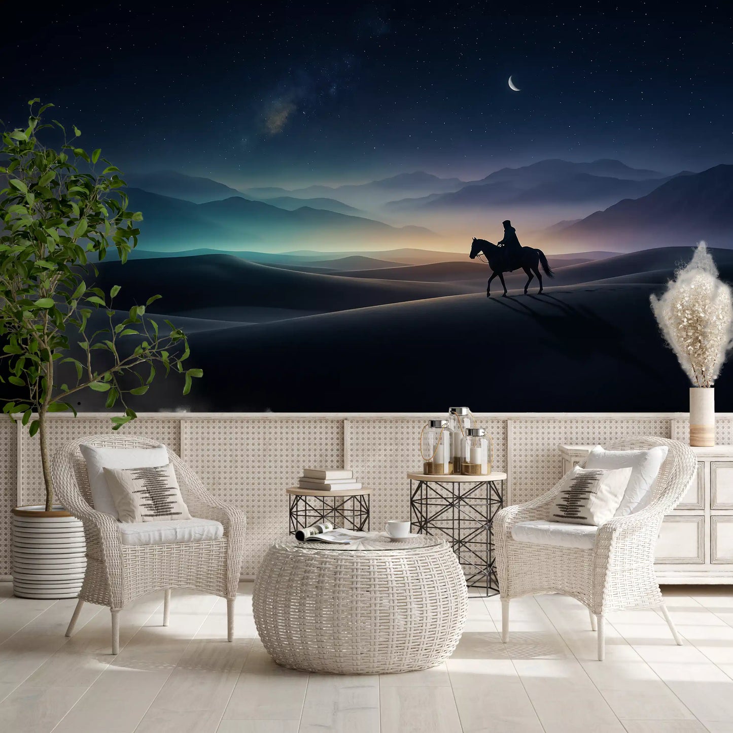 A warm amber strip glows along the horizon in the Silent Sands cosmic light wall mural.