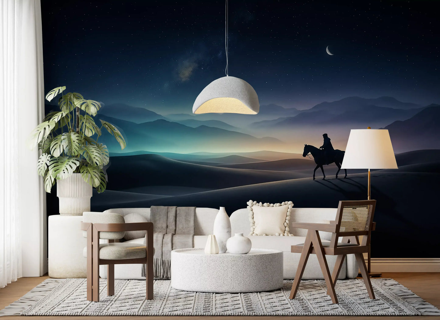 Milky-way streak sweeps across deep navy sky in this Silent Sands wall mural.