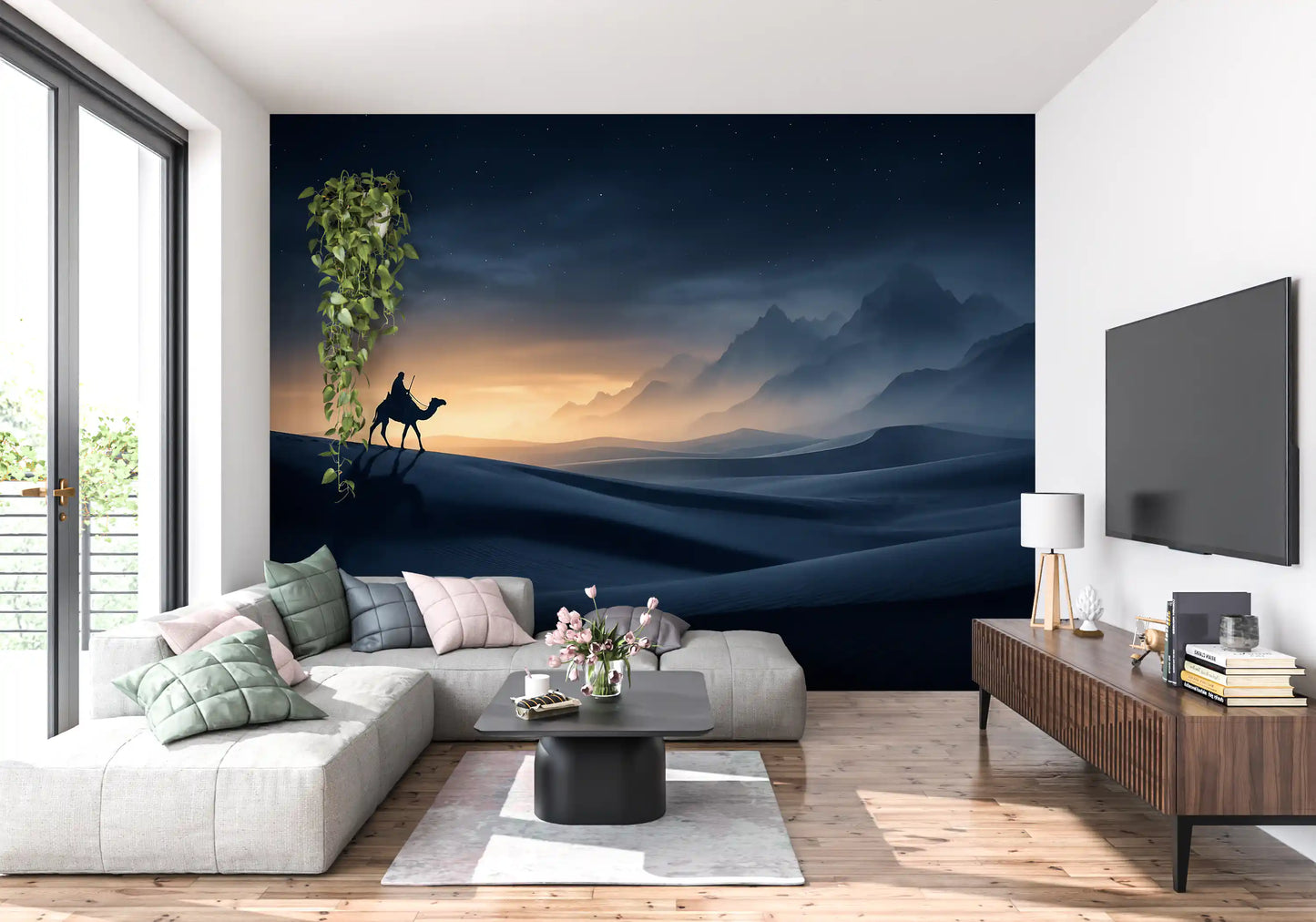 Deep navy dunes meet warm amber sky in this Odyssey wall mural.
