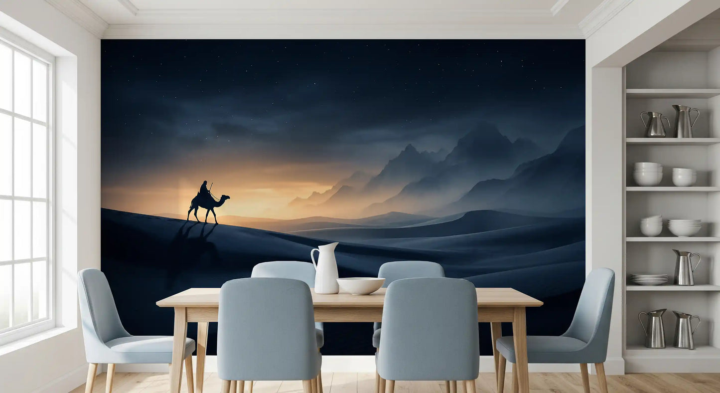 Starry Dune Odyssey wall mural shows a lone camel rider against a golden horizon.