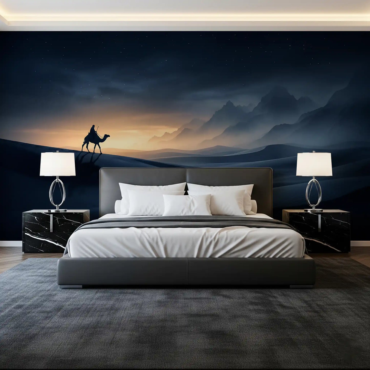 Misty mountain peaks rise behind the Dune Odyssey wall mural at dusk.