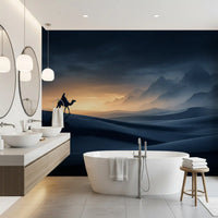 Hazy mountains and dune curves frame a bathroom with desert wall mural drama.