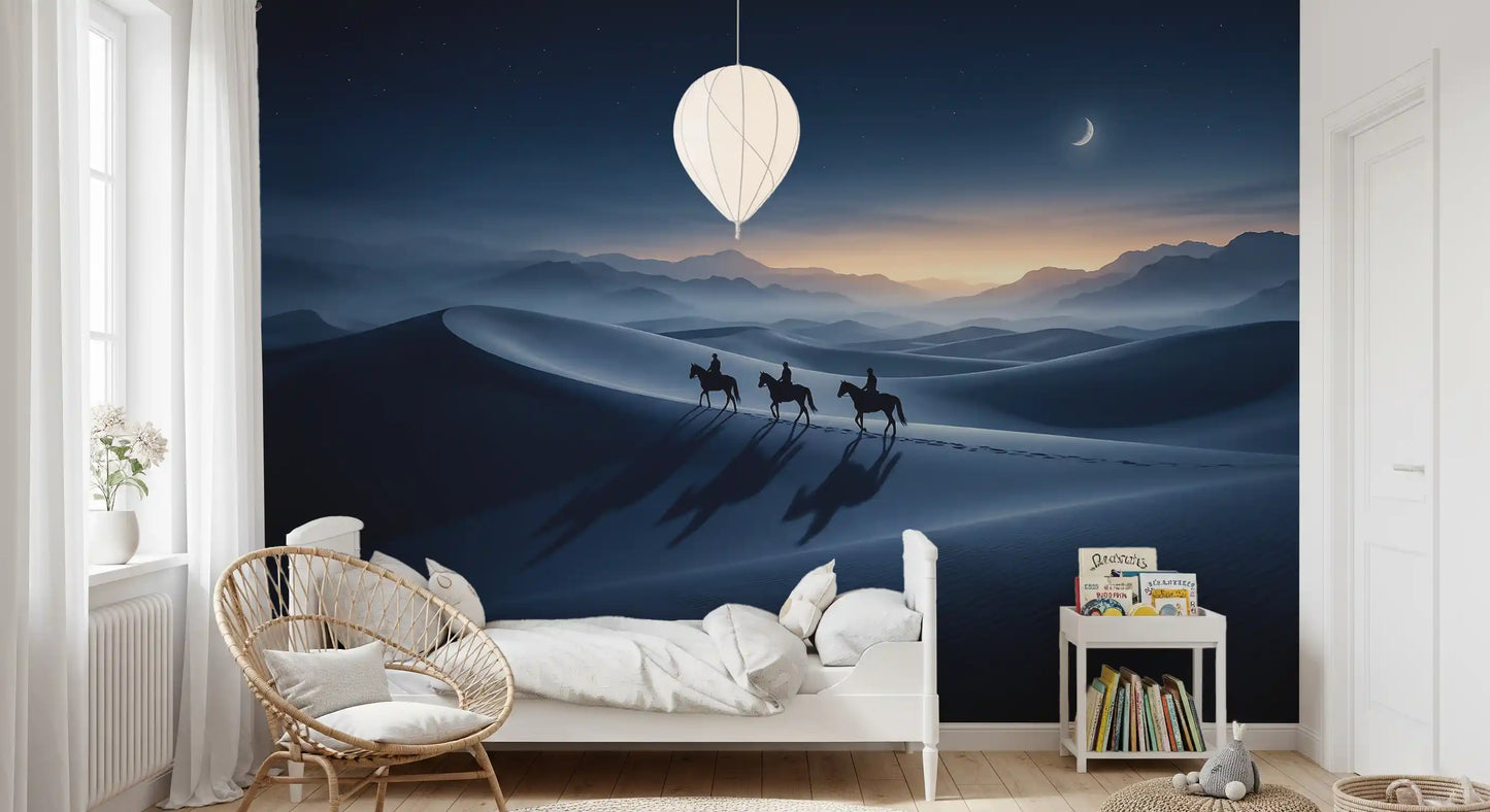 Three horsemen ride across moonlit dunes in this Kids bedroom with Desert Riders wall mural