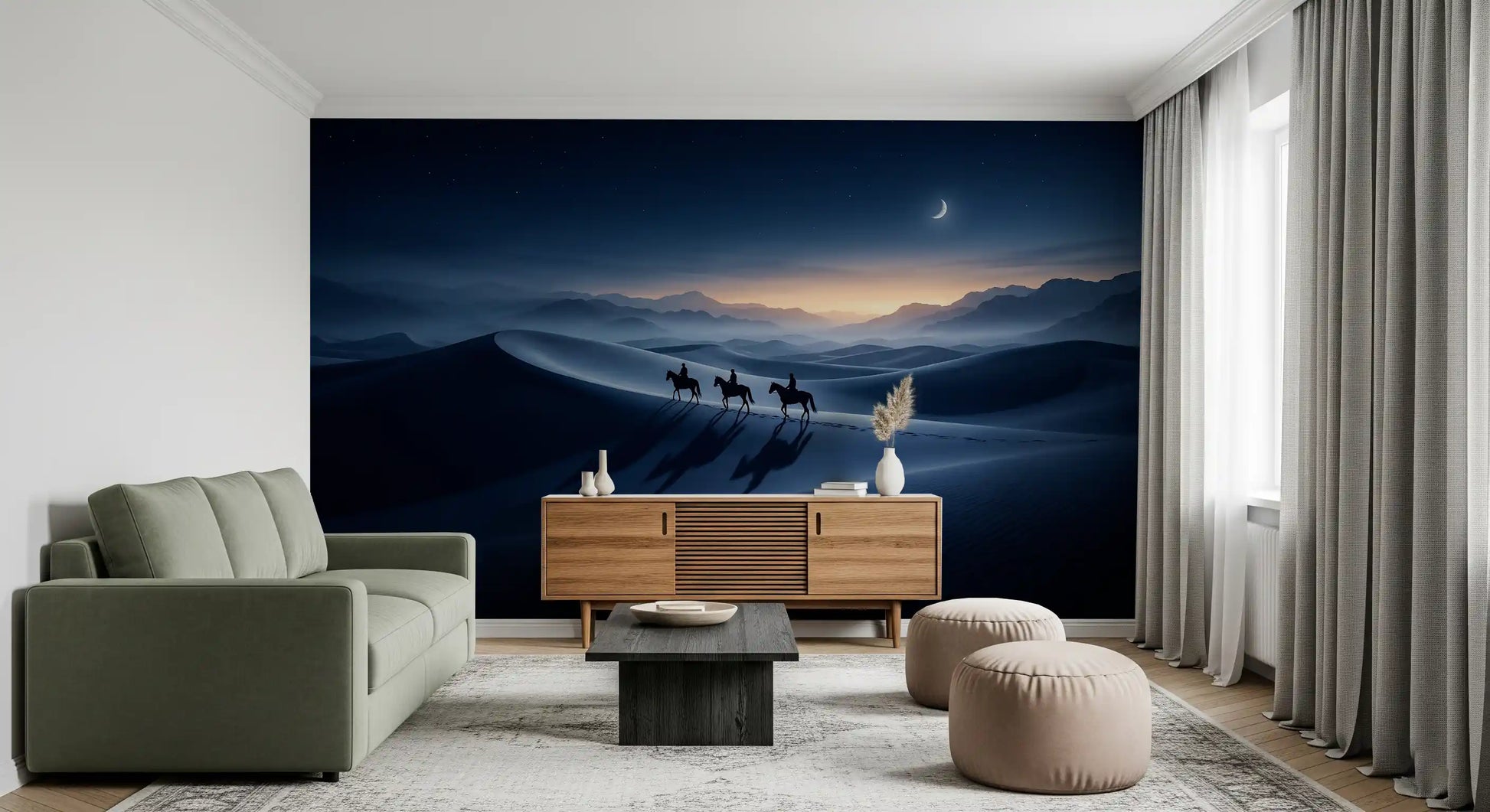 Three horsemen trail long shadows over silvered dunes in this Desert Riders wall mural
